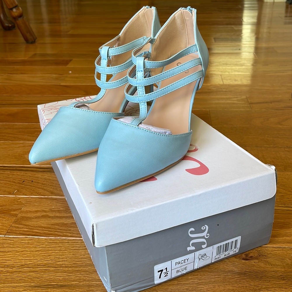 New in Box, Blue T-Strap Pointed heels